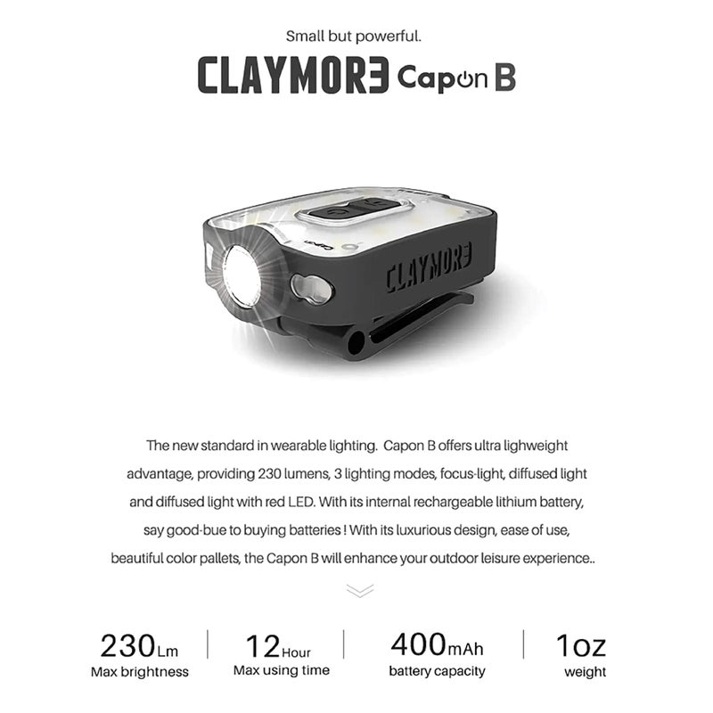 Claymore Capon 40B Red Clip-On Cap Light â€“ USB-C Rechargeable 230LM LED Headlamp | 3 Light Modes 180Â° Adjustable Beam IP54 Water Resistant Up to 12 Hrs Runtime for Camping, Running, Outdoor - Image 2
